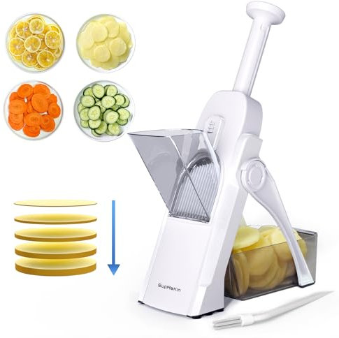 SupMaKin Cortador de mandolina seguro para cocina, cortador de patatas fritas, cortador de verduras y alimentos, grosor ajustable de 0.1 a 8 mm, artefacto de rebanada rápida de cocina, blanco (solo