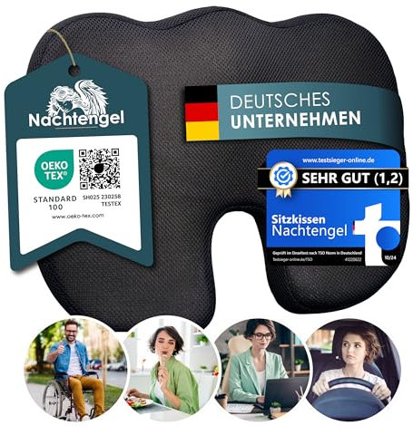 Nachtengel Sitzkissen orthopädisch mit Memory Foam (3 HÄRTEGRADE) für Ergonomischen Komfort, Steißbeinentlastung & Schmerzreduzierung – Ideal für Bürostuhl, Autositz & Co. (1 Stück, Medium (60-100kg))
