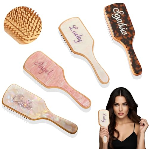 Cepillo de pelo personalizado con nombre de diamantes de imitación, cepillo de madera de bambú personalizado para mujeres, hombres y niños, para cabello fino y largo rizado, salud y masaje del cuero