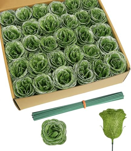 Künstlicher Glitzer-Rosenstrauß, grüne Blumen, künstliche funkelnde Rosen für Hochzeit, Party, Weihnachten, Heimdekoration (grün mit silbernem Glitzer)