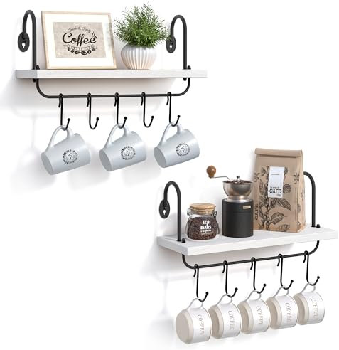 VINCOURNA 2Set Kitchen Shelves with 10 Adjustable Cup Holder Hooks, Rustic Wood Mug Holders for Kitchen Floating Shelf Mug Stand Cooking Utensils Towel for Coffee Station Organizer-White
