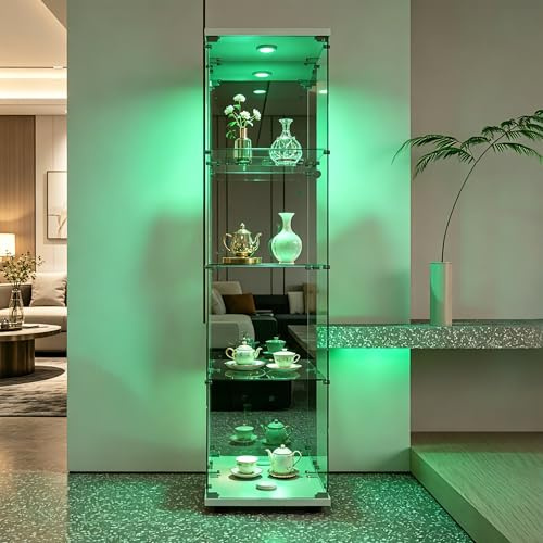 DADEA Glasvitrine mit Spiegel, 4 Glasböden, 42,5 × 36,5 × 164 cm, 1 Tür Schränke mit Licht und Schloss, stehende Glasaufbewahrung für Büro
