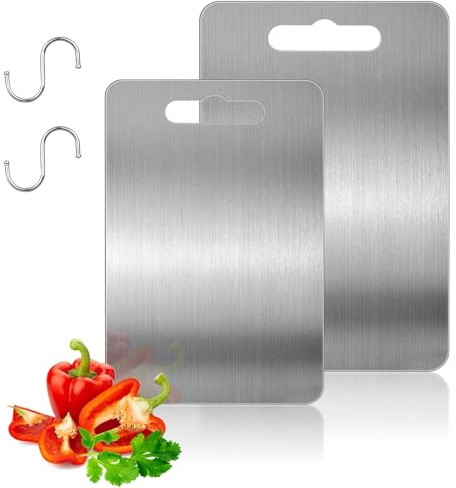 Tagliere in titanio, confezione da 2 taglieri in acciaio inox 304 e 2 ganci per carne, frutta e verdura, facile da pulire (34 x 23 cm + 25 x 15 cm)