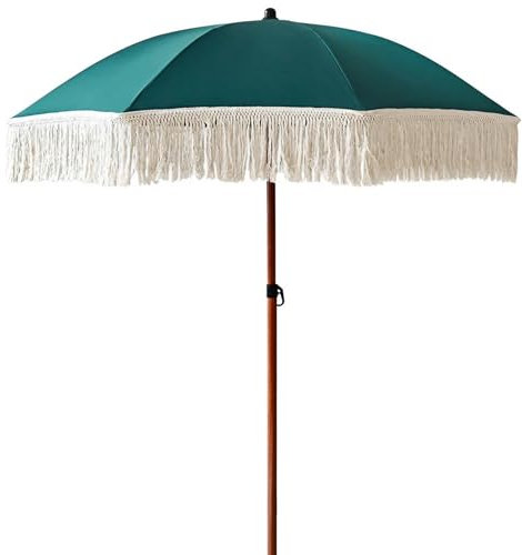 Parasol de Plage à Pompons Chic de 180 cm, Extérieur Parasol de Jardin Portable, Protection Solaire UV50+ et Imperméable (vert foncé)