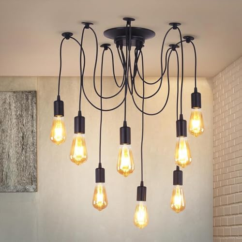 FRIXCHUR 8-flammige Schwarze Spider Pendelleuchte, E27, Höhenverstellbar | Vintage Landhausstil für Kücheninsel, Wohn- und Esszimmer, Eingang, Treppe, Bar oder Café; Lieferung ohne Leuchtmittel