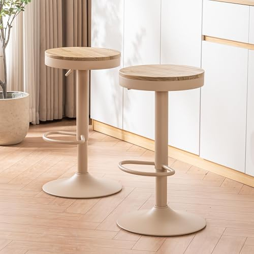 Kidol & Shellder Barhocker 2er Set Höhenverstellbar 360° Drehbar Runde Holzplatte auf Stabilem Metallgestell für Küche Bar Wohnzimmer Khaki