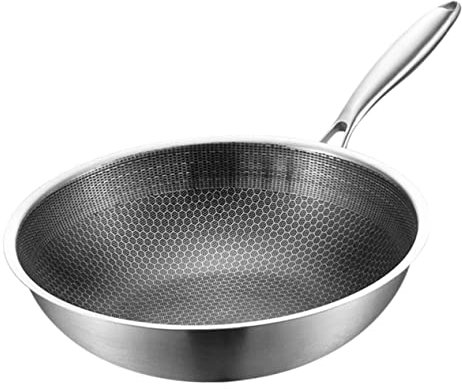 Warmhm Poêle à Frire Inox 32 Cm Antiadhésive à Fond Plat En Acier Inoxydable 304, Poignée Acier Solide, Wok Robuste Pour Cuisinière à Gaz, Ustensile Cuisine Polyvalent Sans Déformation