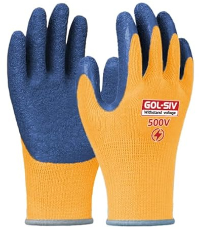 GOL-SIV Electrical Insulated Gloves, 500V High Voltage Resistance Electrician Safety Gloves, Rubber Non Slip Work Gloves (500V|Poly-Cotton insulated, Large)