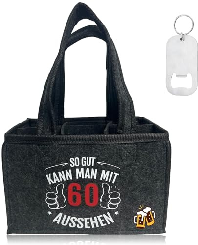 Satiskid Geschenk 60 Geburtstag Mann Männerhandtasche Bier mit Flaschenöffner, Flaschentasche Biertasche aus Filz für 6 Bierflaschen, 60 Geburtstag Geschenk für Familie Freund Kollegen