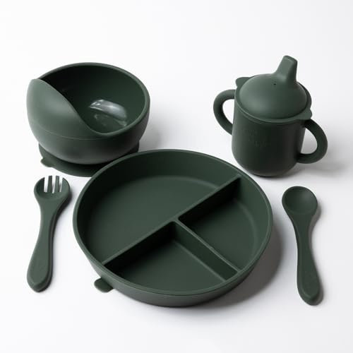kindsgard Silikon Babygeschirr Set – 5-teilig: Teller, Schüssel, Becher, Löffel & Gabel – BPA-frei, LFGB-zertifiziert, rutschfest, spülmaschinenfest, langlebig – ab 6 Monaten (Oliv)