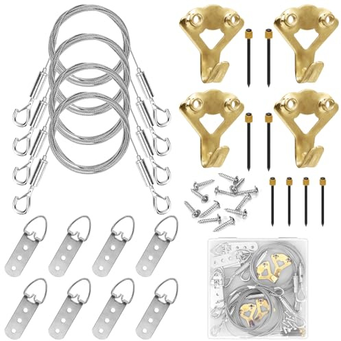 4 Pack Picture Hanging Wire Kit, Heavy Duty Picture Hanging Kit for Frames & Mirrors up to 50lbs, Includes Adjustable 2m Steel Wires, D Rings & Screws, Wall Hanging Kit for Home & Office Décor
