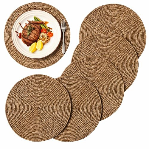 Salvamantel Mimbre Redondo, Mantel Individual, Bajoplatos Redondos, Bajoplatos Mimbre, Apto para el hogar y restaurantes, Resistente al Calor, Diámetro de 35 cm, Pack de 6 Salvamanteles