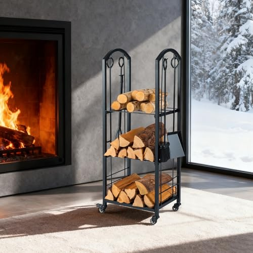 GOPLUS Range Buche Interieur Mobile, Porte buche Interieur avec 4 Roulettes Pivotantes avec Étagères en Grille, 4 Accessoires Serviteur Cheminée, Base Surélevée, Rangement (40x30x108CM|3 Étagères)