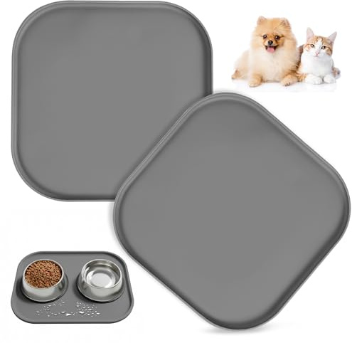 Silikon Napfunterlage Katzen, 2 Stück Quadratisches Futtermatte für Hunde und Katzen, wasserfeste rutschfeste Fressnapf-Unterlage, Leicht zu reinigen (Grau, 26cm x 26cm)