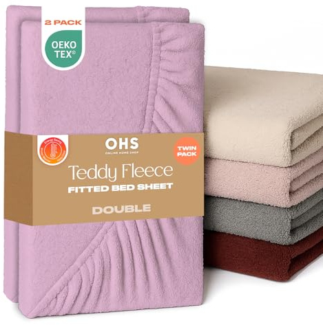 Brentfords 2 Pack Double Fitted Sheet, Teddy Fleece Fitted Sheet Bed Cover Deep Pocket 25cm Fluffy Bedding Fade Resistant Cuddly Cosy Teddy Bear Bedding, Lilac - Double