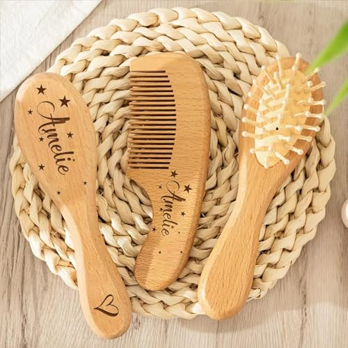 Individuelles Baby-Haarbürstenset Mit Eingraviertem Namen, Personalisiertes Haarbürsten- Und Kamm-Set Aus Holz Für Neugeborene, Weiche Ziegenwolle, Andenken Für Neugeborene, Babypflege