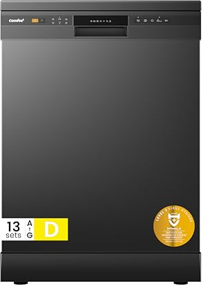 COMFEE' Dishwasher Freestanding with 13 Place Settings, New Upgraded Full Size Dishwasher 60cm Width, CDWPF1301PBD-UK, Auto Door Open Drying, Quick Wash, Hygiene Wash, Delay Start, Half Load -Black
