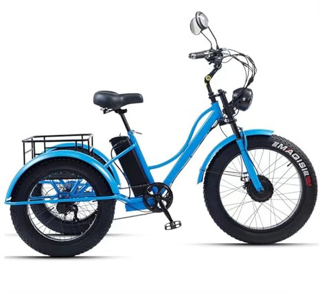 JSMDLN Tricycle électrique 24 Pouces pour Adultes, Pneus Larges Tout-Terrain, Capacité De Charge De 200 Kg, Tricycle à Pédales pour Personnes âgées, avec Panier De Transport Blue