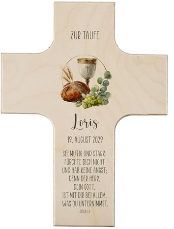 Striefchen® Personalisiertes Holzkreuz zur Taufe, Kommunion oder Konfirmation – Bedruckt mit Name & Datum – Verschiedene Motive – Individuelle Geschenkidee (Brot & Kelch, 14 cm x 19 cm x 1,5 cm)