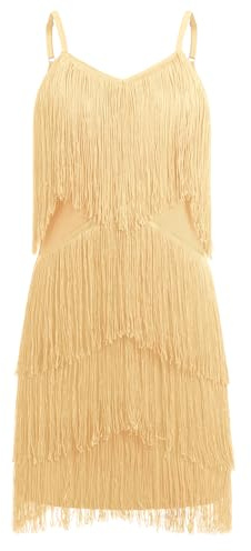 EFOGEP Girls Latin Dance Dress, Fringe Tassel Ballroom Dancewear with Adjustable Straps, V Neck Backless Dress for Cha Cha, Samba, Rumba, Tangos & Dance Competitions