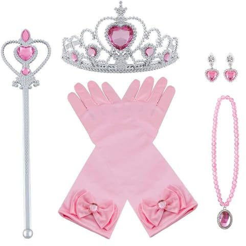 Vicloon Princess Dress Up Accessories, 7PCS Princess Costumes Set, Included Princess Crown, Gloves, Magic Wand, Necklace, for Kids Girls Halloween Party Cosplay Set for 3-9 Years - Pink