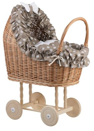 e-wicker24 Alles aus Weide Puppenwagen aus Weide mit Bettwäsche perfekte Geschenkidee Korbpuppenwagen schöner Spielzeug aus Korbgeflecht Korbwagen für Puppen Spielzeug für Mädchen (Beige)