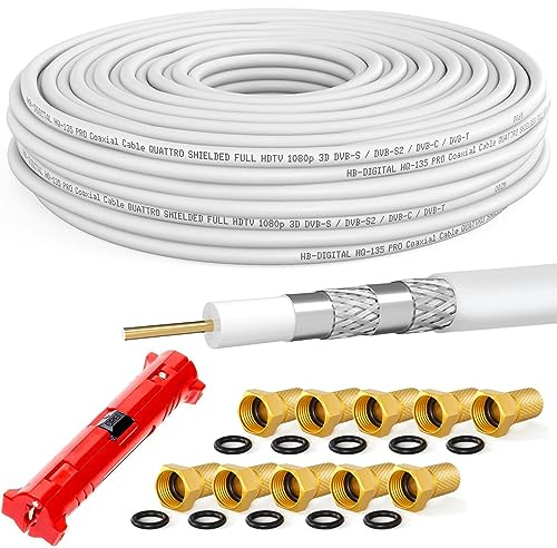 HB-DIGITAL 50m Koaxialkabel SAT HQ-135dB PRO inkl. Abisolierer + 10 F-Stecker vergoldet GRATIS dazu | Satellit Antennenkabel 4-Fach geschirmt | für DVB-S/S2 DVB-C/C2 DVB-T/T2 DAB+ Radio BK Anlagen