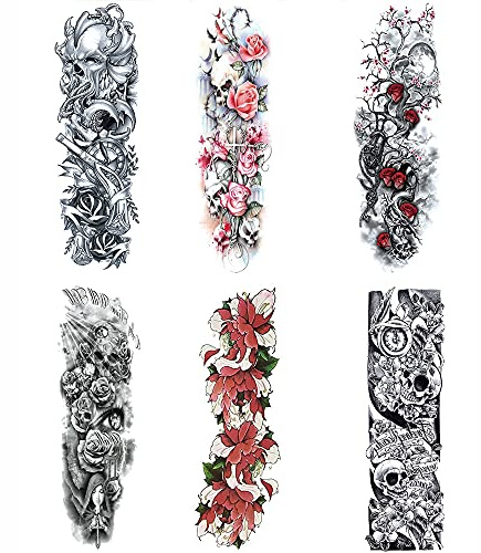 Yesallwas 6 sheets Flower Temporary Sleeve Tattoos For Women Leg, Full Arm Large Rose Skull Floral Fake Tattoo Sleeve for Arm Shoulder leg Sexy Body Art Tattoos