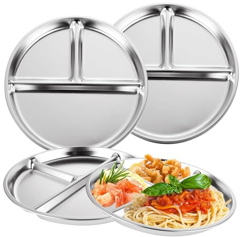 Fegtrtyoa 3 Assiettes en Acier Inoxydable avec 3 Compartiments, Contrôle des Portions pour Le Camping, Le Pique-Nique, à Plateau Alimentaire en Acier Inoxydable.