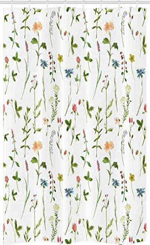 ABAKUHAUS Blumen Schmaler Duschvorhang, Herb Flowers Aquarelle, Badezimmer Deko Set aus Stoff mit Haken, 120 x 180 cm, Grün Mehrfarbig