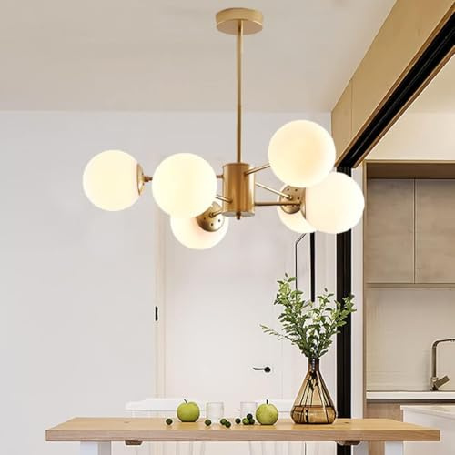 JIAODIE Moderne Kupfer Pendelleuchte Glaskugel Kronleuchter Sphärisch Hängelampe Glas Ball Lampenschirm Hängeleuchte Wohnzimmer Schlafzimmer Bar Deckenleuchte Lüster Lampe Leuchte(Gold),Ø75CM/6heads