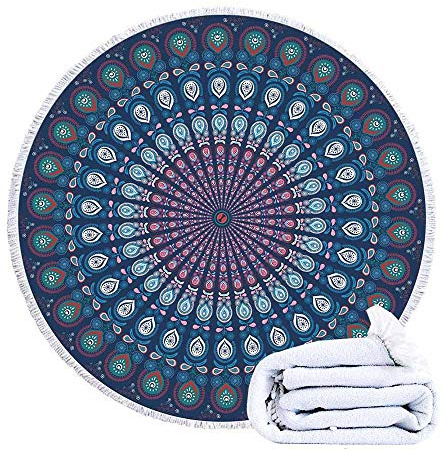 Morbuy Strandtuch Rund 150cm Böhmen Mandala-Stil, Handwerk Quaste Mikrofaser Strand Yoga Matten Tragbare Badetuch Tapestry Überwurf Tischdecke Picknickdecke 2 Clip (150cm,Blaugrüne Federn)