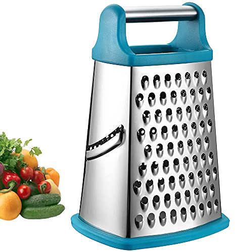Rallador de 4 lados de acero inoxidable, para rallar grueso y fino, para frutas, verduras, zanahorias, queso, apto para lavavajillas, color azul claro