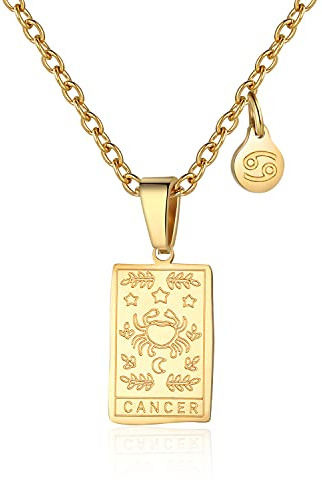 Zodiac Sign Necklace for Women Constellation Tarot Card Pendant Double Sided Gold Stainless Steel Waterproof NonTarnish Friendship Jewelry Gift（Cancer）
