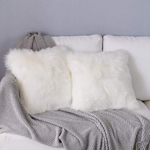 YDFYX Housse de Coussin,Peau de Mouton Fourrure Cuir Taie d'oreiller,Fausse Fourrure Deluxe Décoratif Canapé Chambre Lit Super Doux Peluche Mongolie Taie d'oreiller (2Pcs Blanc, 40X40 cm)