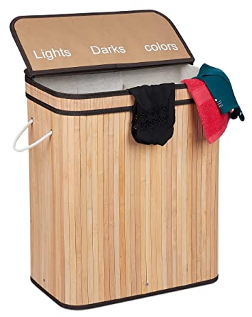 Relaxdays Wäschesortierer, Bambus, 3 Fächer, je 30 Liter, Wäschekorb mit Deckel, Griffe, HxBxT: 63 x 55 x 35 cm, natur