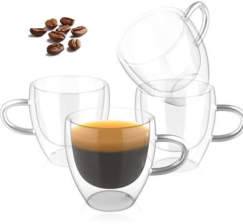 ONEDONE Espresso Cups Set of 4-2.8 OZ Double Walled Glass Hand Blown Espresso Shots Glass Thermo Insulated Expresso Coffee Mugs with Handle Small Demitasse Cups for Espresso Machine