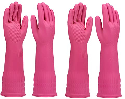 Dishwashing gloves 2 Pairs for kitchen,Rubber cleaning gloves,Long dish gloves reuseable.(Small,Pink)