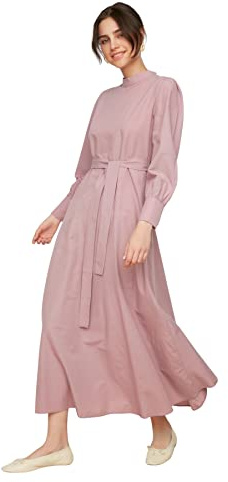 Trendyol Woman Modest Maxi A-Line Crew Neck Woven Dress, Robe Femme, Plum, 42
