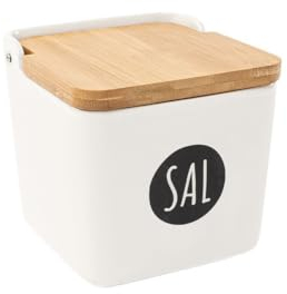 Kcasa - Salero cocina blanco minimalista ceramica con tapa madera abatible español