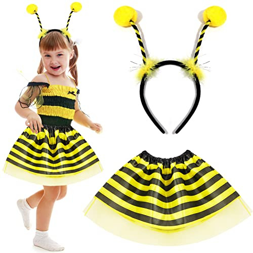 Jeere 2 Stück Bienen Kostüm Zubehör mit Biene Tutu Rock und Bienen Antennen Stirnband Kopfschmuck Kostüm Set für Halloween Kinder Mädchen Geburtstag Bienen Thema Party Zubehör, Gelb, Schwarz