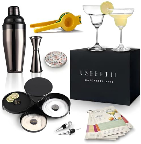 Kit Margarita - Juego de 2 vasos de margarita (250 ml), cortador de sal de 3 niveles, coctelera de acero inoxidable y dosificador de cítricos - Conjunto Margarita