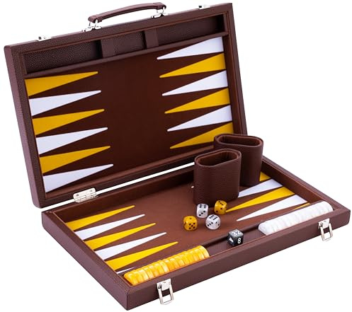 Engelhart - 250520 - Backgammon de Luxe 15 Pouces - 38 cm - Matériaux Haut de Gamme - Simili Cuir, Incrustation de Feutre Spécial - Dés et Jetons Nacrés + 2 Gobelets – Jeu Pro. et Loisirs (Marron)