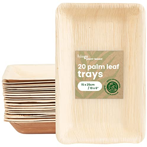 HAAGO 20 15x24cm Rectangular Palm Leaf Disposable Plates, Disposable Trays - Eco-Friendly & Compostable, Microwave & Freezer Safe, Like Paper Plates, Party Platters, Disposable Serving Platters