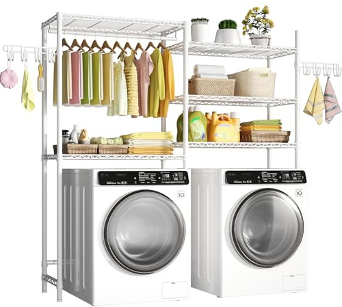 Ulif U6 Clothes Drying Rack, 5-Tier Over Washer and Dryer Laundry Room Storage and Organizer, Heavy-Duty Space Saver, 65.3 W x 13.4 D x 77.5 H, White