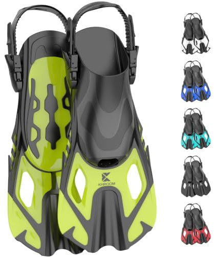 Khroom short fins adults / children size 32-47 | adjustable snorkel fins short | swim fins short fins for snorkelling | diving fins adjustable for swimming green 4,5-8