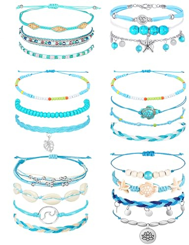 Hicarer 21 PC Surfer Wave Friendship Bracelet Set Waterproof Adjustable Boho Beach String Anklets Bulk, Summer Gift for Women(Blue Series)