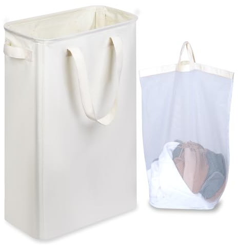 iEGrow Wäschekorb 50l, Wäschesammler Schmal mit Herausnehmbarer und Waschbarer Innentasche, Laundry Baskets mit Griffen für Waschküche, Schlafzimmer, Badezimmer (Beige)