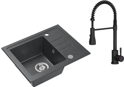 VBChome Spülbecken Granit Schwarz Mit Armatur 55 x 44 cm Einzelbecken Einbauspüle Gesprenkelt Reversibel Granitspüle Siphon Waschbecken