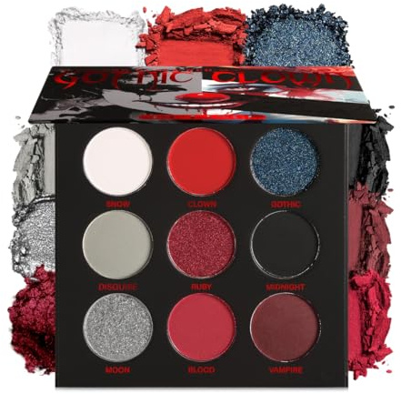 DE'LANCI Schwarz Rot Lidschatten Palette, 9 Farben Halloween Goth Horrorclown Makeup, Metallic Matte Hochblitz Schwarz Rot Silber Eyeshadow, Hochpigmentiert Langlebig für Vampir Skelett Bühne Cosplay